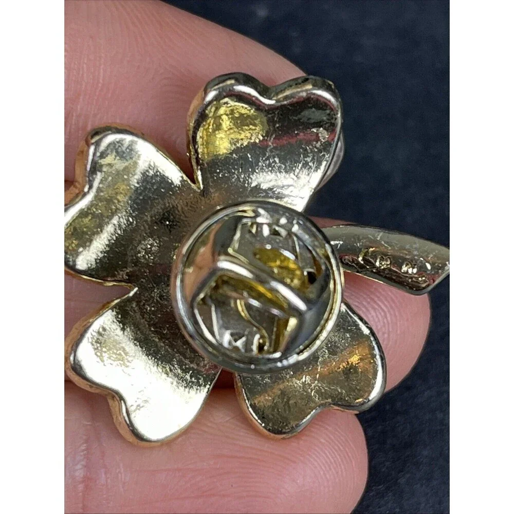 VTG Nina Ricci Green Four Leaf Clover Shamrock Lapel Hat‎ Jacket Pin Rhinestones